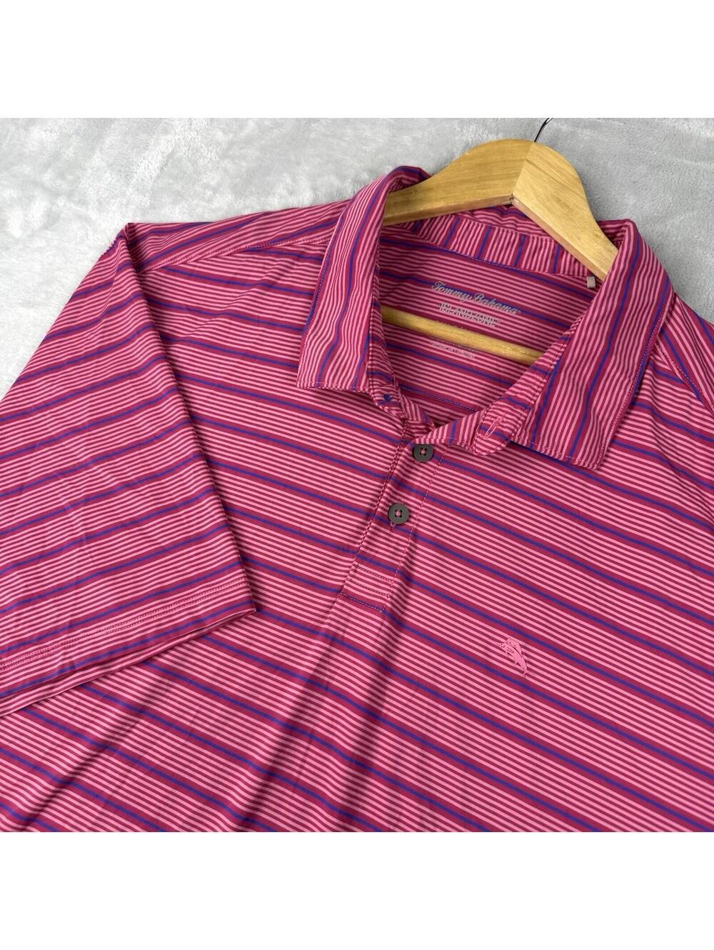 Tommy Bahama IslandZone Polo Shirt Pink Blue Stripe Golf Casual Men XXL Stretch